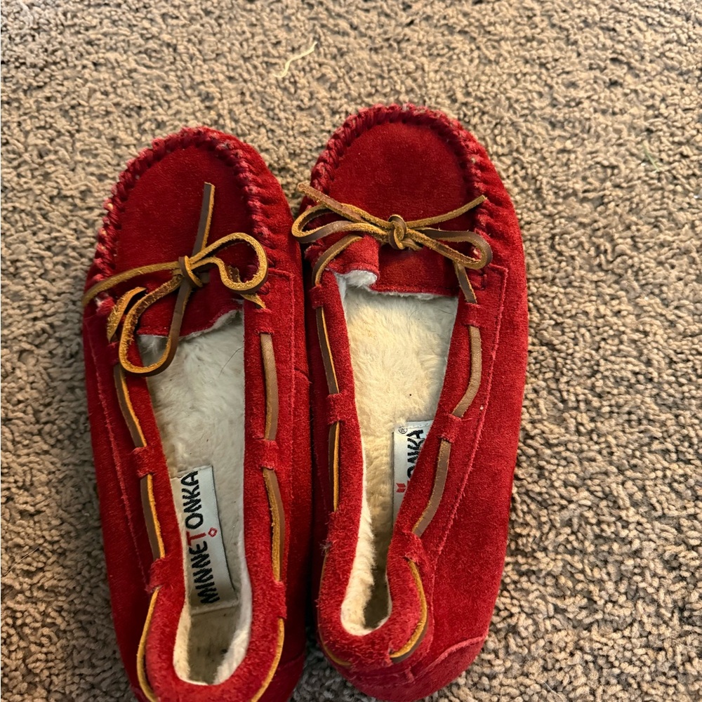 Minnetonka Red Suede Moccasins with Bow